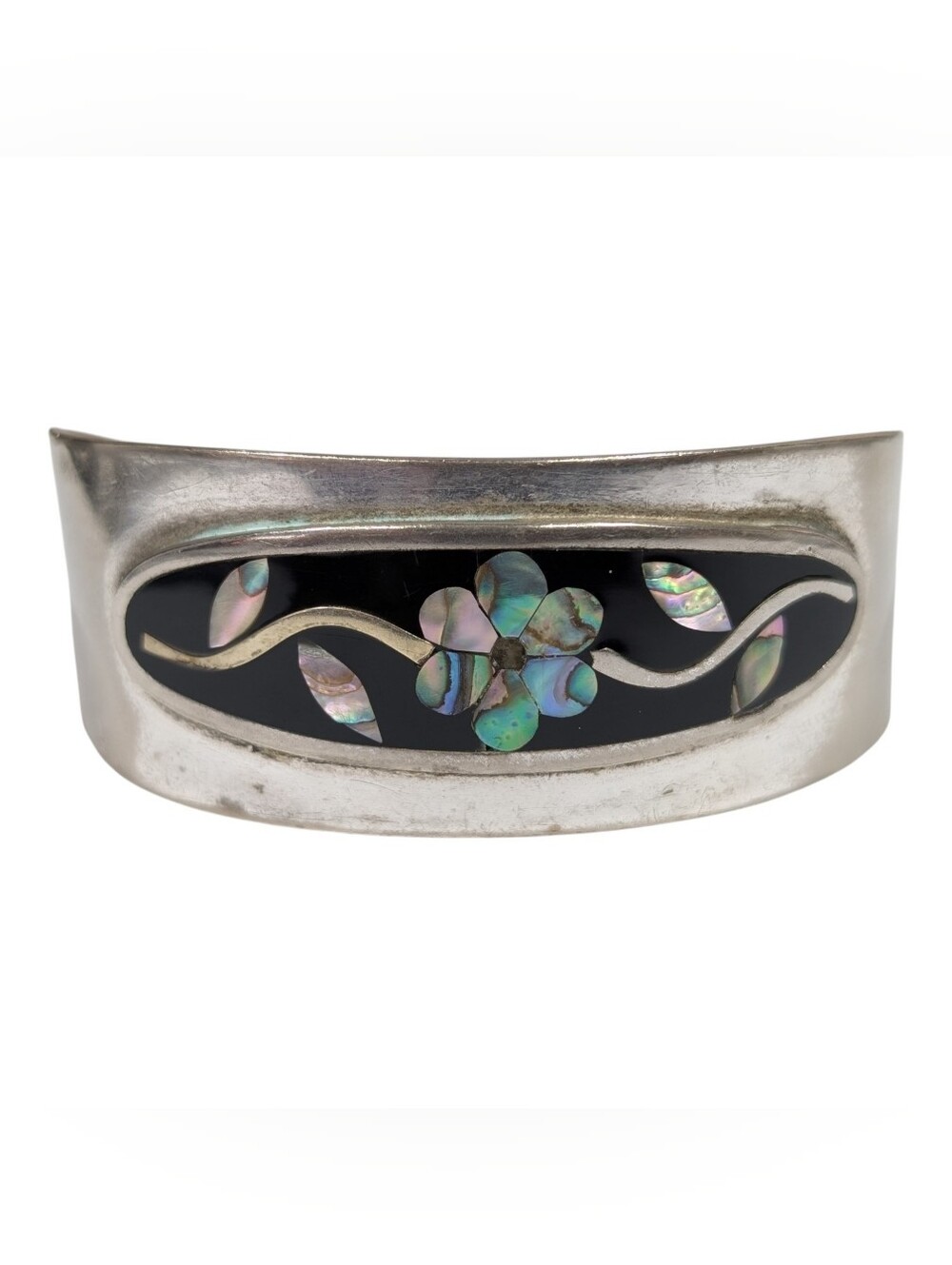 Vintage Alpaca Mexico Silver Cuff Bracelet Abalone MOP Floral Vine Design